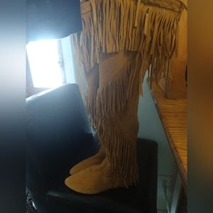 Sam Edelman 8.5 thigh high boots fringe diamond cut pattern tan suede